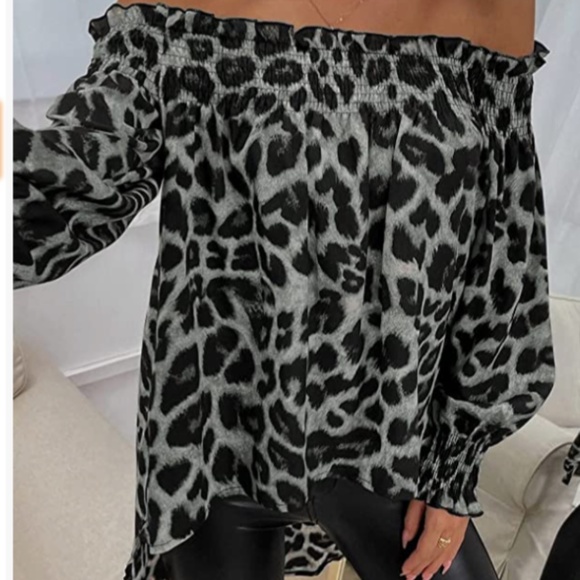 Women’s Leopard Print Off shoulder Hi Lo Tunic Blouse in gray combo size lg - Picture 3 of 6